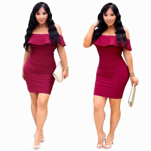 WOW Couture Bandage Isaura Bandage Off Shoulder Dress (Merlot) - Picture 1 of 4